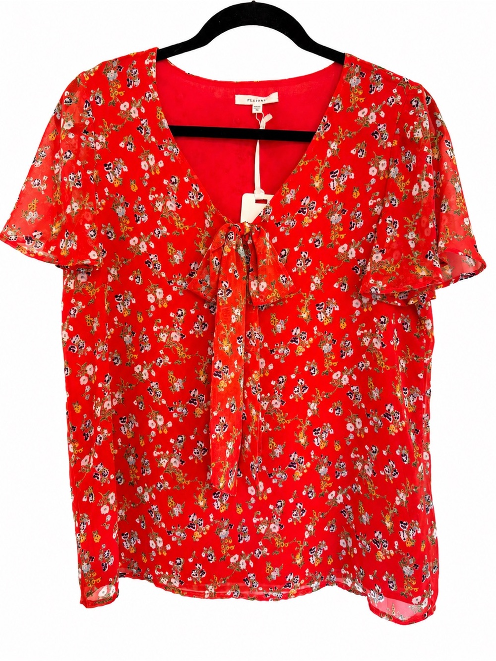 Pleione Floral Tie Neck Blouse NWT XS Flutter Sleeve Lined Top